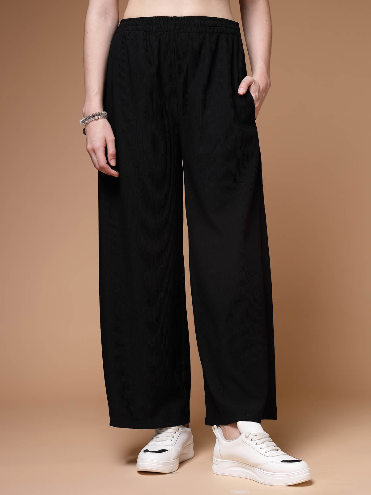 KNOT PARALLEL PANTS BLACK COLOR RAYON FABRIC BIOWASH @SHE BRAND OFFICIAL